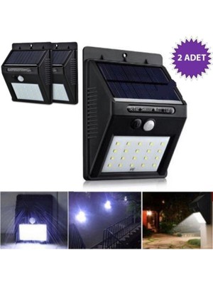 Mega Avm 2 Adet Güneş Enerjili Solar Lamba 20 Li Sensörlü Duvar Tipi Su Geçirmez Sokak Bahçe Lambası