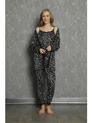 Seboteks Ip Askılı Desenli Güpür Detaylı Sabahlıklı 3'lü Pijama Takımı 20542