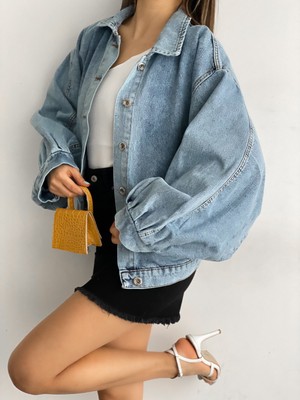 Fav Style Kadın Balon Kol Oversize Çift Cepli Denim Ceket Yıkamalı Mavi