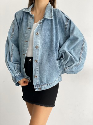 Fav Style Kadın Balon Kol Oversize Çift Cepli Denim Ceket Yıkamalı Mavi