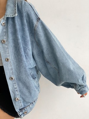 Fav Style Kadın Balon Kol Oversize Çift Cepli Denim Ceket Yıkamalı Mavi