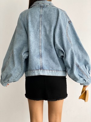 Fav Style Kadın Balon Kol Oversize Çift Cepli Denim Ceket Yıkamalı Mavi