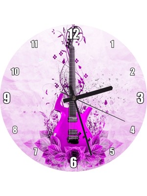 Cakatablo Mor Elektrogitar ve Çiçekler Mor Arkaplan Duvar Saati  (Çap 30X30 Cm)