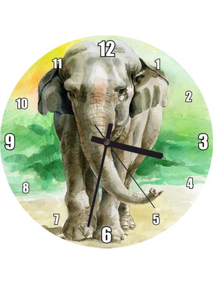 Cakatablo Yeşillikler Önünde Fil Suluboya Çizim Duvar Saati (Çap 30X30 Cm)