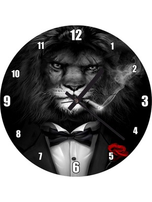 Cakatablo Vahşi Havalı Purolu Güllü Aslan Resmi Duvar Saati (Çap 50X50 cm )