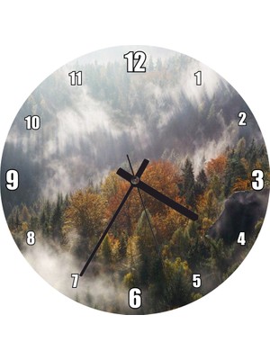 Cakatablo Sonbahar Renklerinde Orman ve Sisler Görseli Duvar Saati (Çap 30X30 Cm)