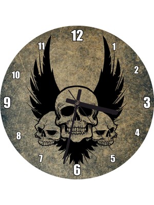 Cakatablo Kurukafalar ve Karga Tüyleri Duvar Saati (Çap 30X30 Cm)