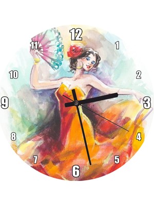 Cakatablo Turuncu Elbiseli Dans Eden Neşeli Kadın Duvar Saati  (Çap 30X30 Cm)