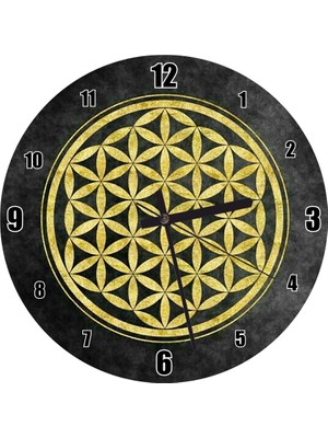 Cakatablo Yaşam Çiçeği Siya Gri Zeminde Sarı Duvar Saati  (Çap 50X50 cm )