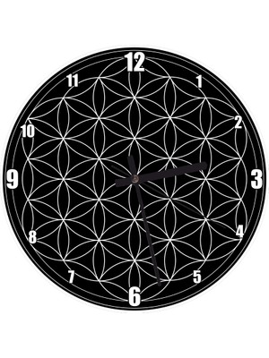 Cakatablo Yaşam Çiçeği Siyah Zeminde Beyaz Duvar Saati  (Çap 50X50 cm )