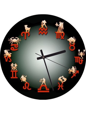 Cakatablo  Burç Sembolleri Kırmızı Siyah Görseli Duvar Saati (Çap 50X50 cm )