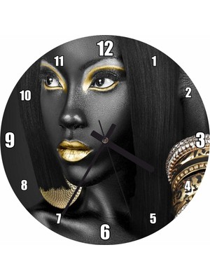Cakatablo Siyahi Kadının Altın Rengi Aksesuar ve Makyajı Duvar Saati (Çap 30X30 Cm)