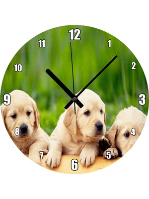 Cakatablo Kütüğün Üzerinde Üç Sevimli Labrador Duvar Saati (Çap 50X50 cm )