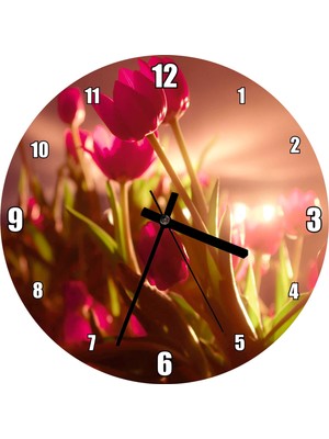 Cakatablo Kırmızı Laleler ve Güneş Işıkları Duvar Saati (Çap 30X30 Cm)