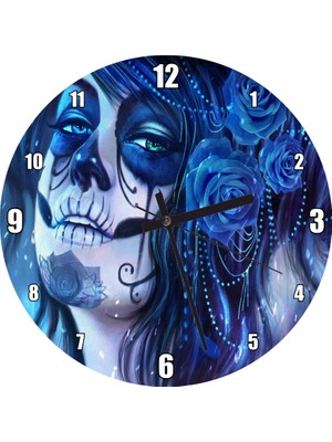 Cakatablo Ölülerin Günü Lacivert Güller ve Boyalar Görseli Duvar Saati (Çap 50X50 cm )