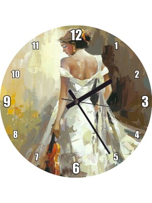 Cakatablo Beyaz Elbiseli Kemeancı Kadın Çizim Duvar Saati  (Çap 30X30 Cm)