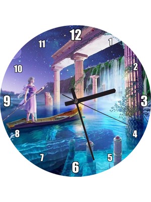 Cakatablo Sularla Kaplı Antik Sütunlar Sandal ve Kız Görseli Duvar Saati (Çap 50X50 cm )