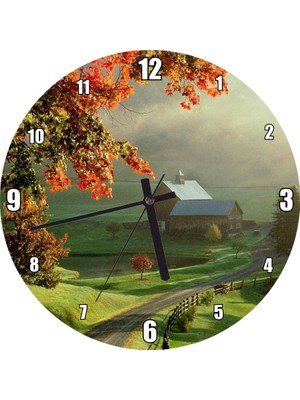 Cakatablo Sonbaharda Hala Yeşil Çayırlar ve Uzaktaki Ev Görseli Duvar Saati (Çap 30X30 Cm)
