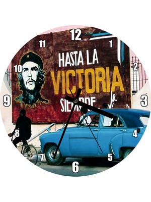 Cakatablo Küba'da Che Guevara Duvar Boyama ve Mavi Klasik Araba Duvar Saati (Çap 30X30 Cm)