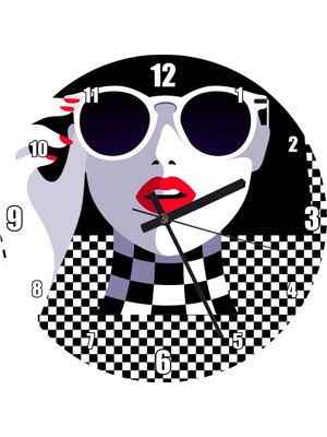 Cakatablo Gözlüklü Kadın Damalı Arkaplan Duvar Saati (Çap 30X30 Cm)