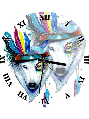 Cakatablo Kızılderili Figürlü Kurt Renkli Duvar Saati (Çap 50X50 cm )