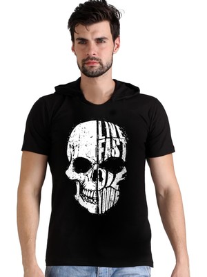 Rock&Roll Hızlı Yaşa Siyah Kapşonlu Kısa Kollu Erkek T-Shirt