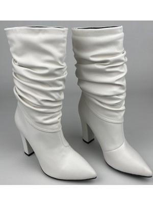 Astorya Ticaret Beyaz Körüklü Kalın Topuk Kadın Çizme Topuk 8 cm - 35