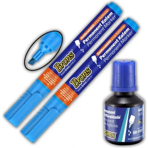 Mavi Markör Kesik Uç Keçeli Kalem Permanent Doldurulabilir 2 Adet ve Mürekkep 30 ml 1 Adet