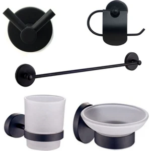 Siyah Banyo Diş Fırçalık Sabunluk Askılık Uzun Havluluk Kapaklı Kağıtlık 5 Li Set