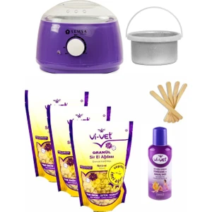 Ağda Makinesi Mor 800 Alfa + Ek Hazne + Vivet Natural 3 x 250 ml Boncuk Ağda + 5 Spatula+Vivet 125 ml Yağ