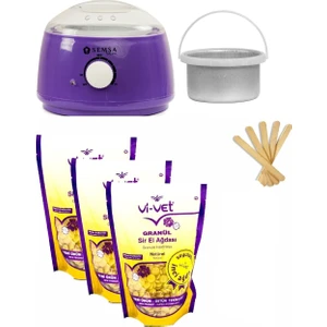 Ağda Makinesi Mor 800 Alfa + Ek Hazne + Vivet Natural 3 z 250 ml Boncuk Ağda + 5 Spatula