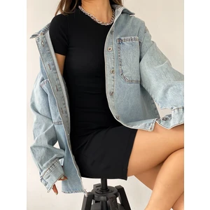 Fav Style Kadın Oversize Uzun Kollu Çift Cepli Ceket Gömlek Yıkamalı Mavi
