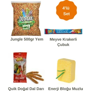 Jungle Muhabbet Kuş Ihtiyaç Set(Jungle Muhabbet Yem+Quik Meyve Krakeri+Quik Dal Darı+Quik Enerji Bloğu)