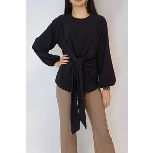 Kadın Siyah Önden Bağlamalı Raglan Kol Bluz