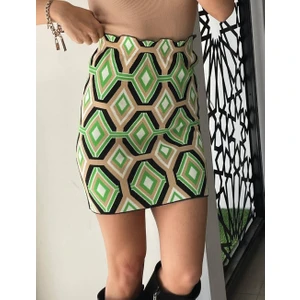 Yeşil Geometrik Desenli Triko Mini Etek
