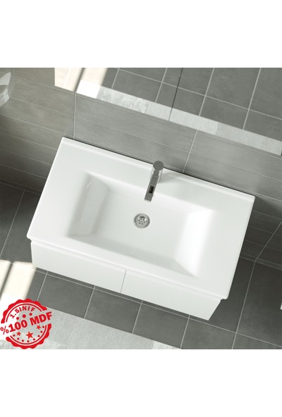 Banos AL3 Ayaksız 2 Kapaklı Lavabolu Beyaz Mdf 85 cm Banyo Dolabı + Aynalı Banyo Üst Dolabı