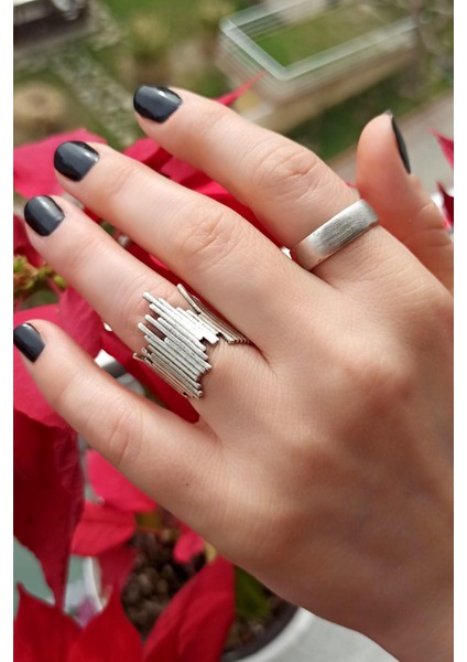 Antik Gümüş Kaplama Ince Çizgiler - Alyans Şekilli El Yapımı Ayarlanabilir Unisex Yüzük Seti