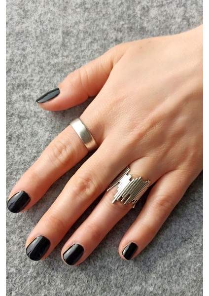 Antik Gümüş Kaplama Ince Çizgiler - Alyans Şekilli El Yapımı Ayarlanabilir Unisex Yüzük Seti fiyatları