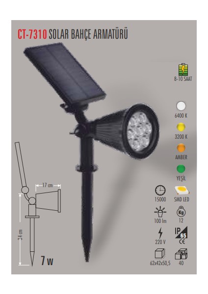 CT-7310 7W Solar Bahçe Armatürü Beyaz Cata