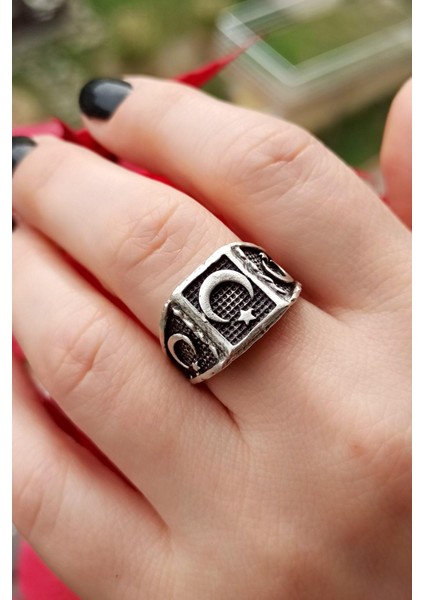 Antik Gümüş Kaplama Türk Bayrağı Şekilli El Yapımı Ayarlanabilir Unisex Yüzük