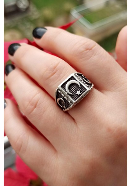 Antik Gümüş Kaplama Türk Bayrağı Şekilli El Yapımı Ayarlanabilir Unisex Yüzük fiyatları