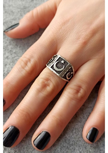 Antik Gümüş Kaplama Türk Bayrağı Şekilli El Yapımı Ayarlanabilir Unisex Yüzük modelleri