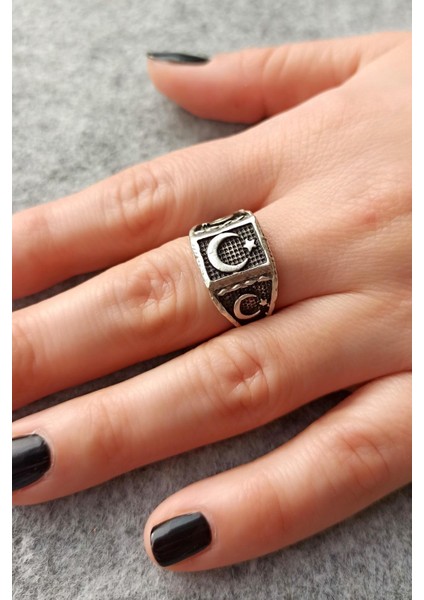 Antik Gümüş Kaplama Türk Bayrağı Şekilli El Yapımı Ayarlanabilir Unisex Yüzük fırsatları