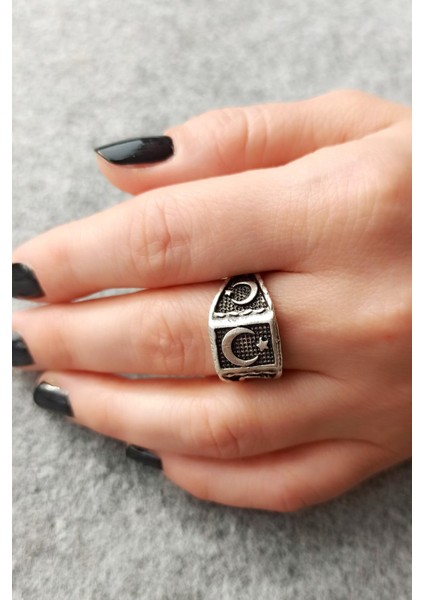 Antik Gümüş Kaplama Türk Bayrağı Şekilli El Yapımı Ayarlanabilir Unisex Yüzük indirimleri