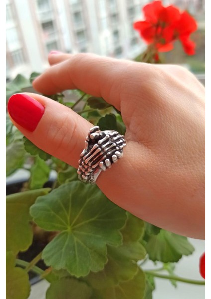 Antik Gümüş Kaplama Insan Eli Iskelet Eli Şekilli El Yapımı Ayarlanabilir Yüzük