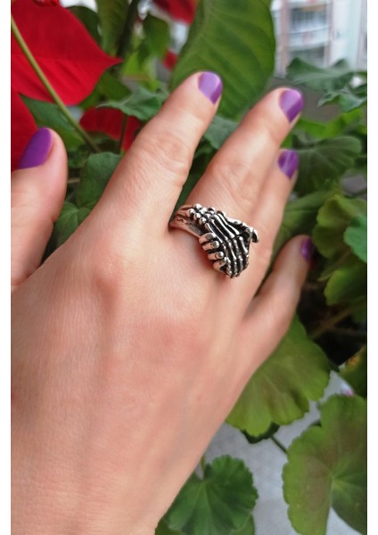 Antik Gümüş Kaplama Insan Eli Iskelet Eli Şekilli El Yapımı Ayarlanabilir Yüzük fırsatları