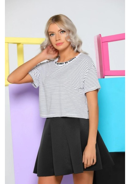 Dont Worry Nakışlı Çizgili Crop Kadın T-Shirt