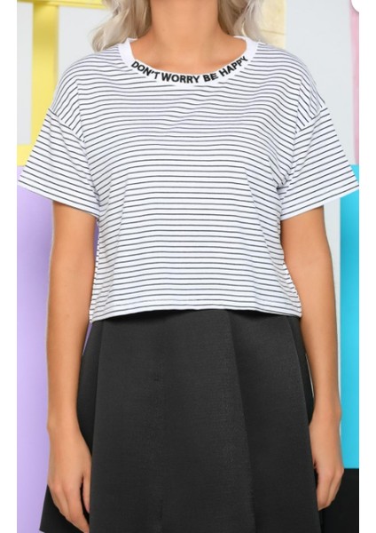 Dont Worry Nakışlı Çizgili Crop Kadın T-Shirt modelleri