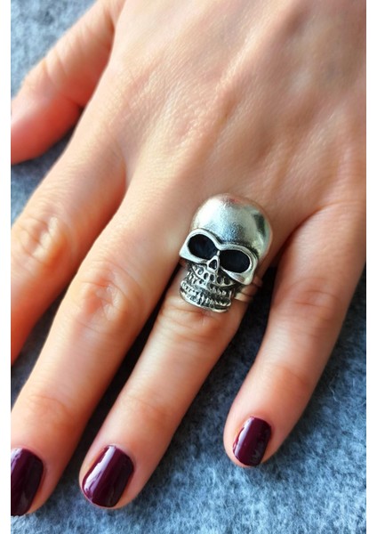 Antik Gümüş Kaplama Kurukafa Şekilli El Yapımı Ayarlanabilir Yüzük