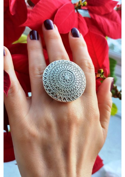 Antik Gümüş Kaplama Motifli Daire Şekilli El Yapımı Ayarlanabilir Yüzük